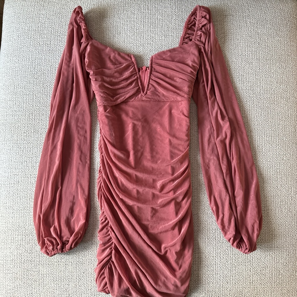 Amazon Rose-Mauve Ruched Long-Sleeve Mini Dress